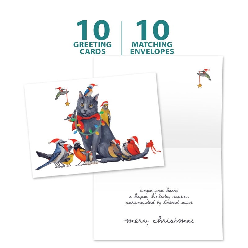 Tree-Free Greetings Cat Bird Christmas Cards - 10 Recycled 5x7 Cards & Matching Envelopes, Thick Cardstock, Made in USA - Whimsical Wildlife Scene - Image 5
